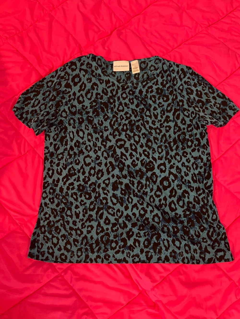Alfred Dunner Teal and Black Leopard Print Top with Pink Lining